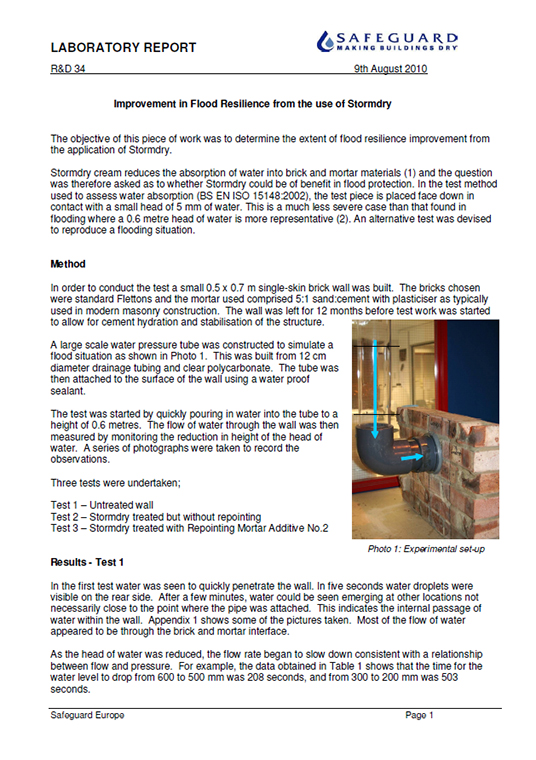 Stormdry flooding test report